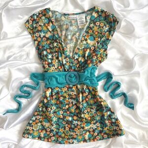 No Boundaries Floral V-Neck Empire Waist Top Teal Belted Brown Ditsy Print M 7/9
